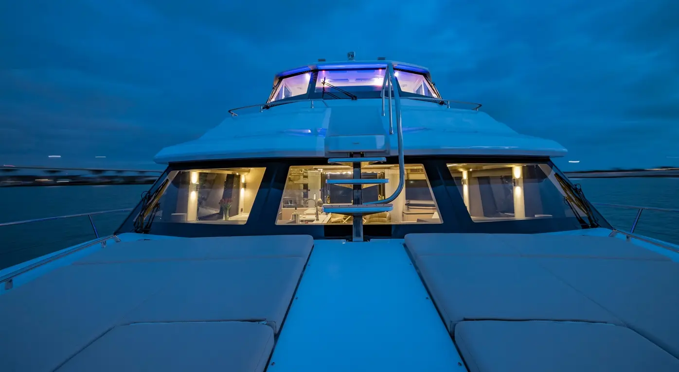Luxury yacht at dusk, featuring a panoramic view from the bow with illuminated windows and steps leading to the upper deck.
